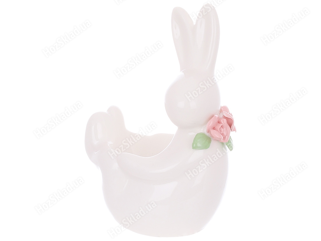 Подставка для яйца керамическая Кролик с цветами, 12,5см, цвет – белый