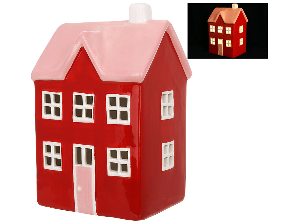 Керамический домик с LED подсветкой, 10x8,3x16см, цвет - красный с розовым