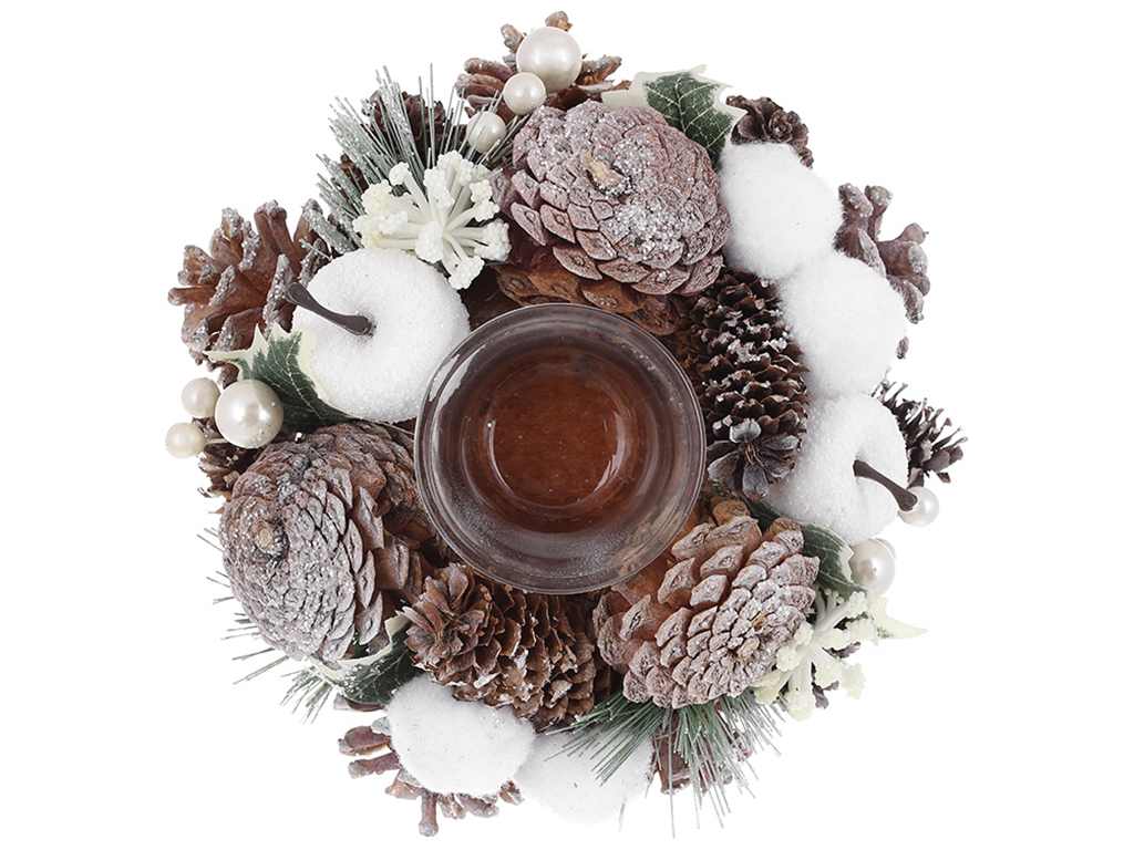 Подсвечник со стеклянной колбой и декором из шишек, листьев, ягод и яблочек 19см, цвет - белый