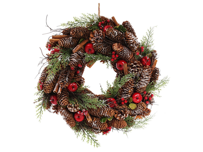 Венок новогодний с декором из ягод и шишек, D40см