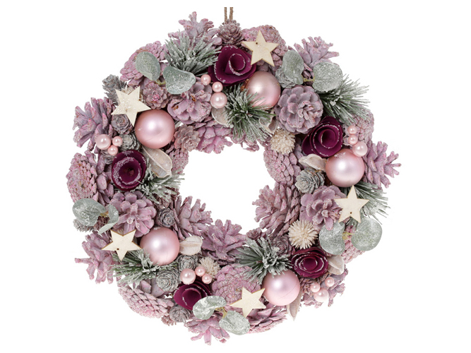 Вінок новорічний з декором із шишок, кульок і ягід, D34см, колір - рожевий з бордо