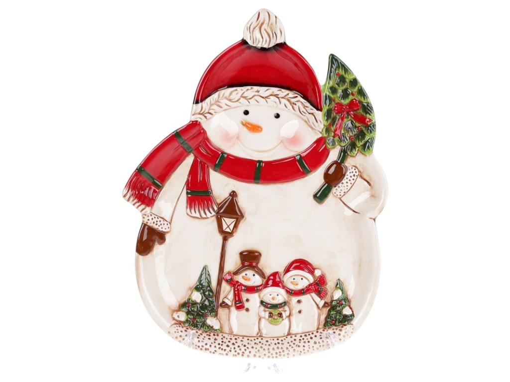 Блюдо сервировочное новогоднее Снеговики, керамика, 26,5×20×2,7см, цвет белый с красным