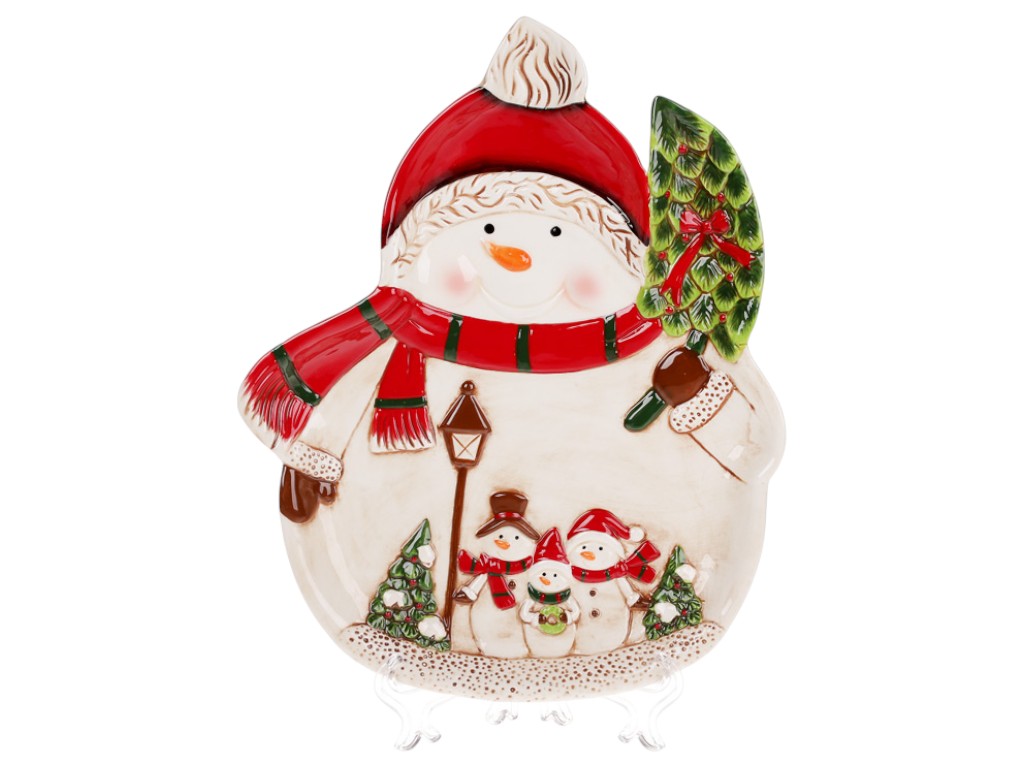 Блюдо сервировочное новогоднее Снеговики, керамика, 32,7×26,2×3,5см, цвет белый с красным