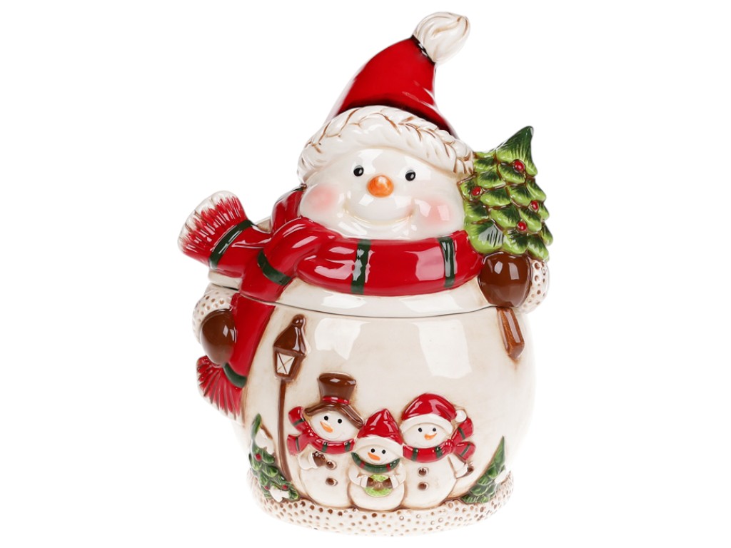 Банка для сладостей Снеговики, керамика, 1л, 16,7×14,5×22см, цвет белый с красным