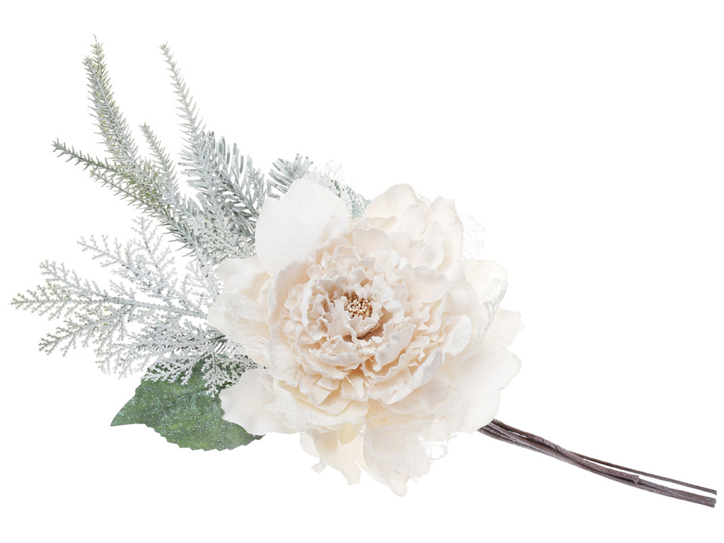 Искусственный декоративный цветок Пион с зимним декором, 35см, цвет - кремовый