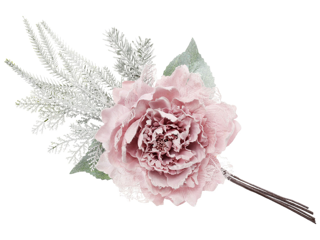 Искусственный декоративный цветок Пион с зимним декором, 35см, цвет - розовый