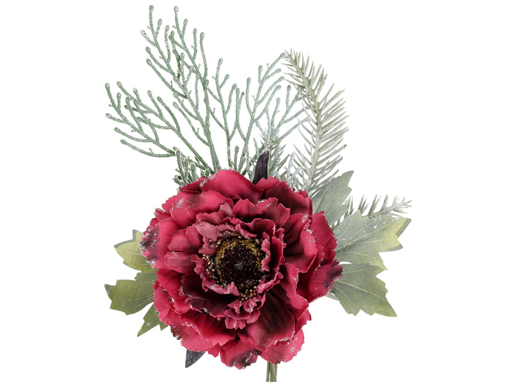 Декоративный искусственный цветок Пион с декором, 40см, цвет - глубокий бордо