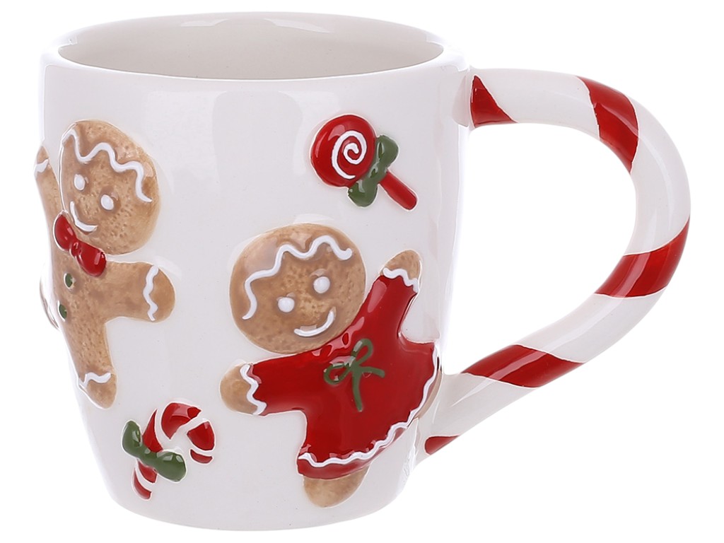 Чашка керамическая Веселые пряники, 400мл, 13,8×9,4×9,8см, цвет белый с красным