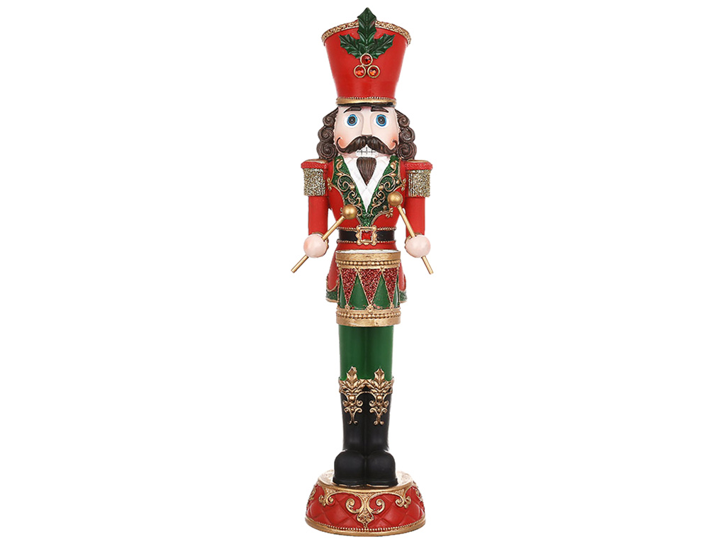 Декоративная фигура Щелкунчик с барабаном, 9,5x9,5x35см, цвет - красный с зеленым