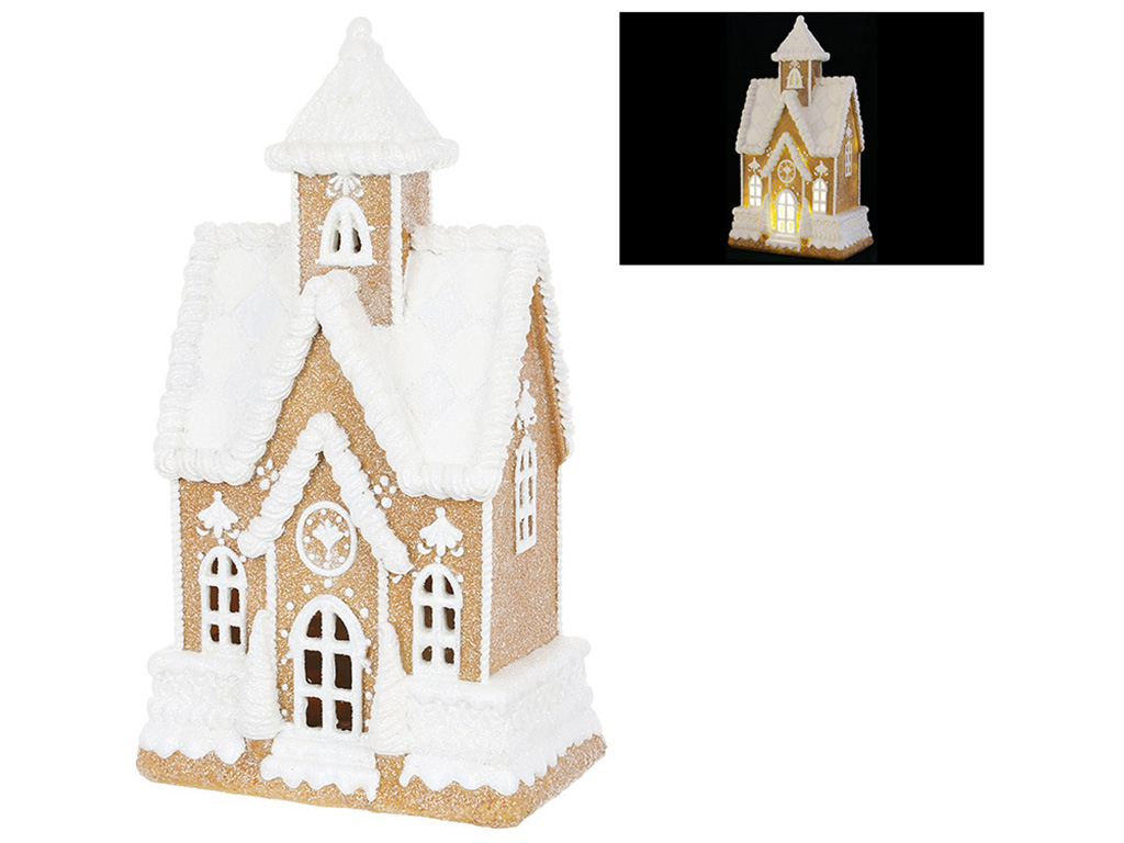 Декоративная фигура с LED подсветкой Пряничный домик с глиттером, 18x10,5x32,5см