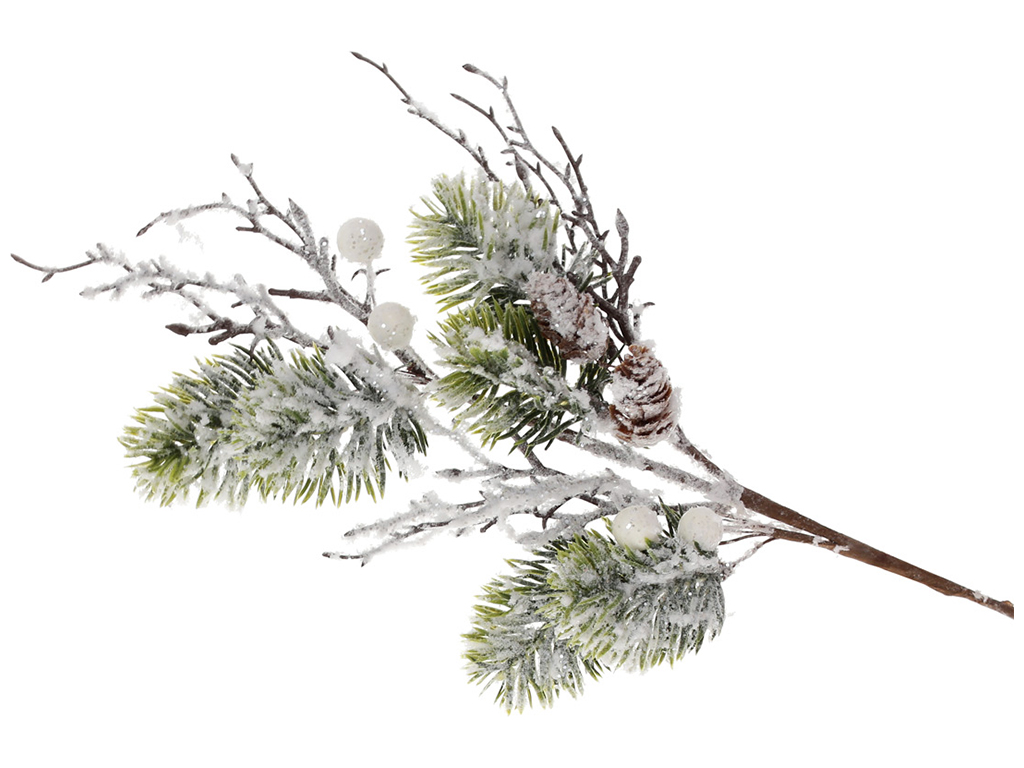 Декоративна засніжена гілка хвої з білими ягодами та шишками, 50см