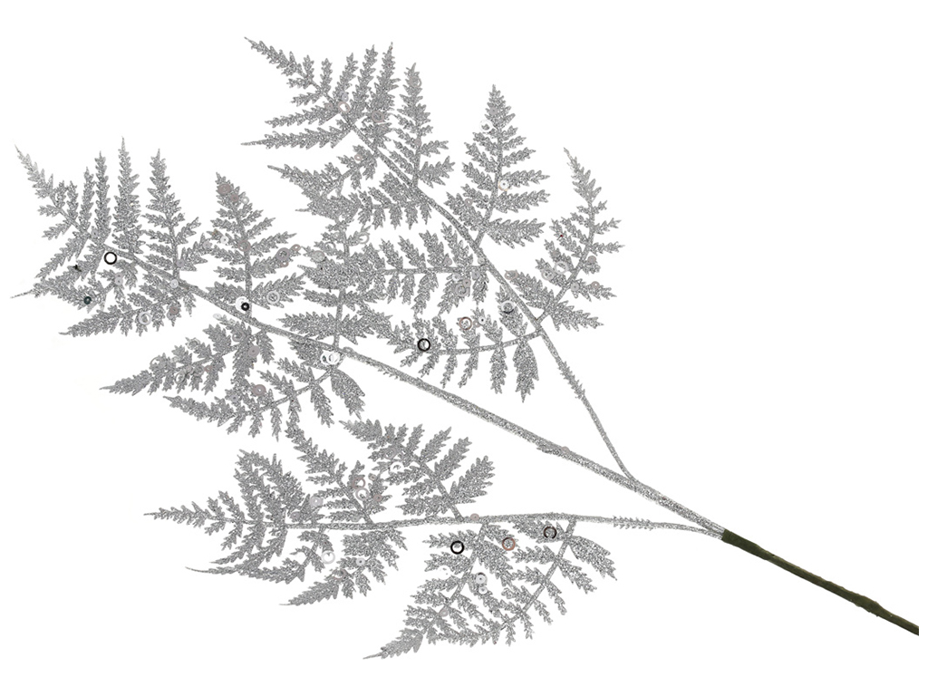 Декоративная ветка Папоротника 66см, цвет - серебряный глиттер