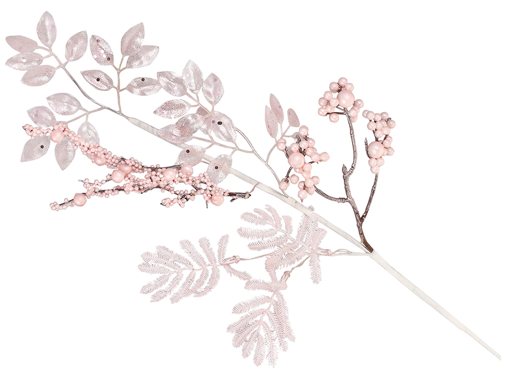 Декоративная ветка с ягодами и листьями, 57см, цвет - нежный розовый