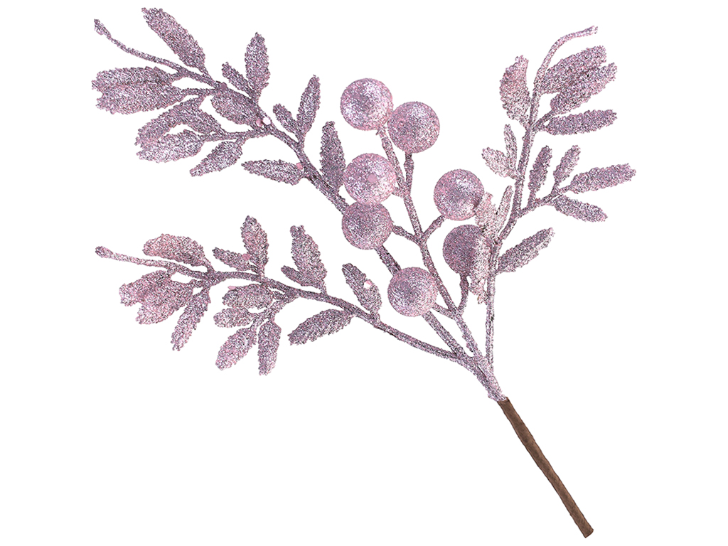 Гілка з листям та ягодами в гліттері, 35см, колір – рожевий