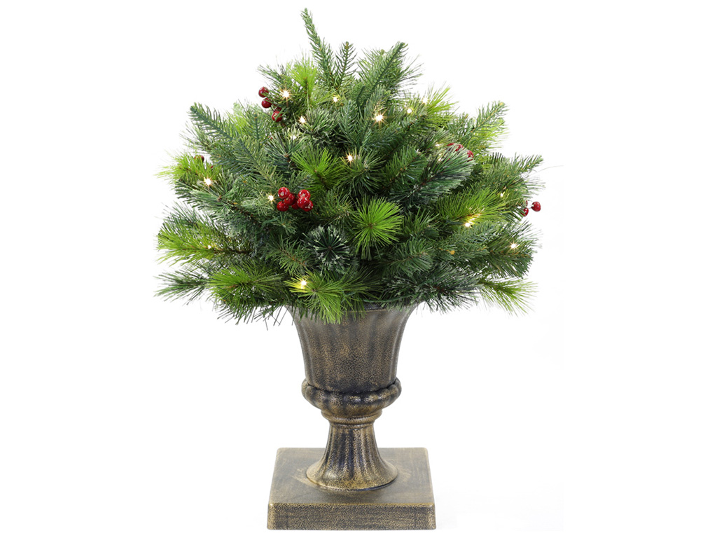 Декор зі штучної хвої та ягід у вазоні, 50см, 201 гілка, 50 LED, світло - тепле біле