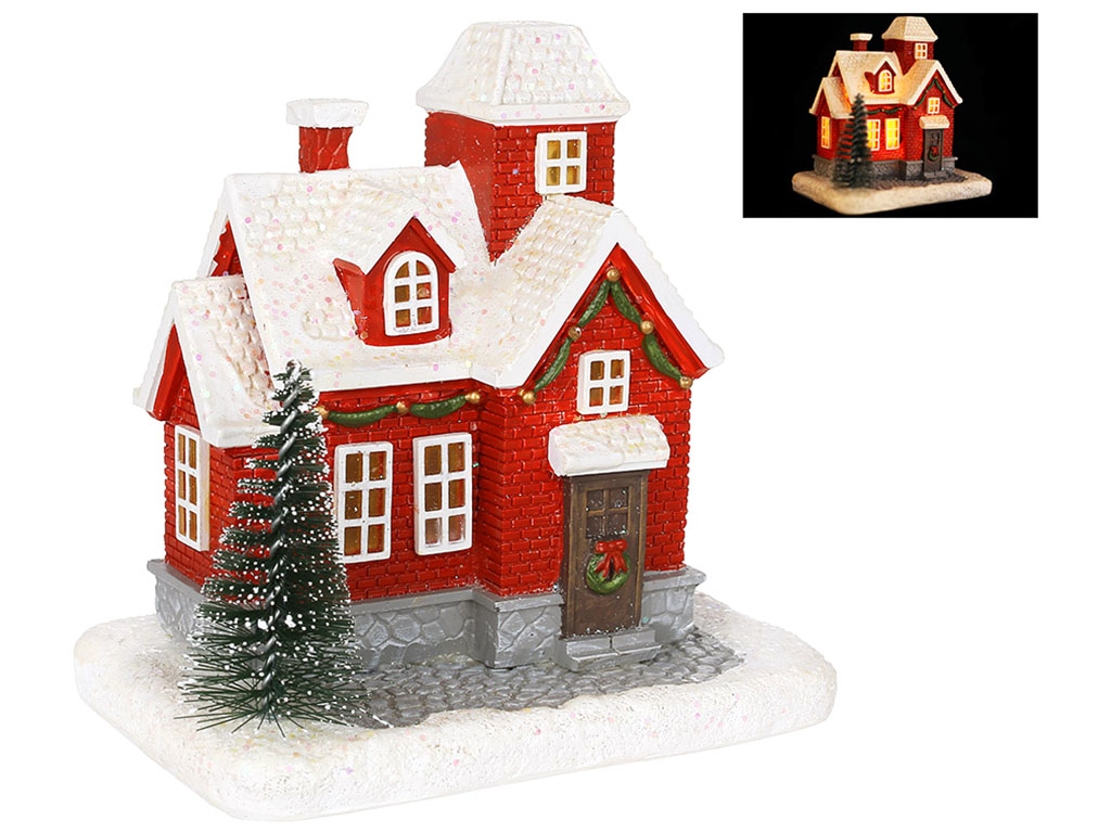 Новогодний декор Домик с LED подсветкой, 11,5x8x11см, цвет - красный с глиттером