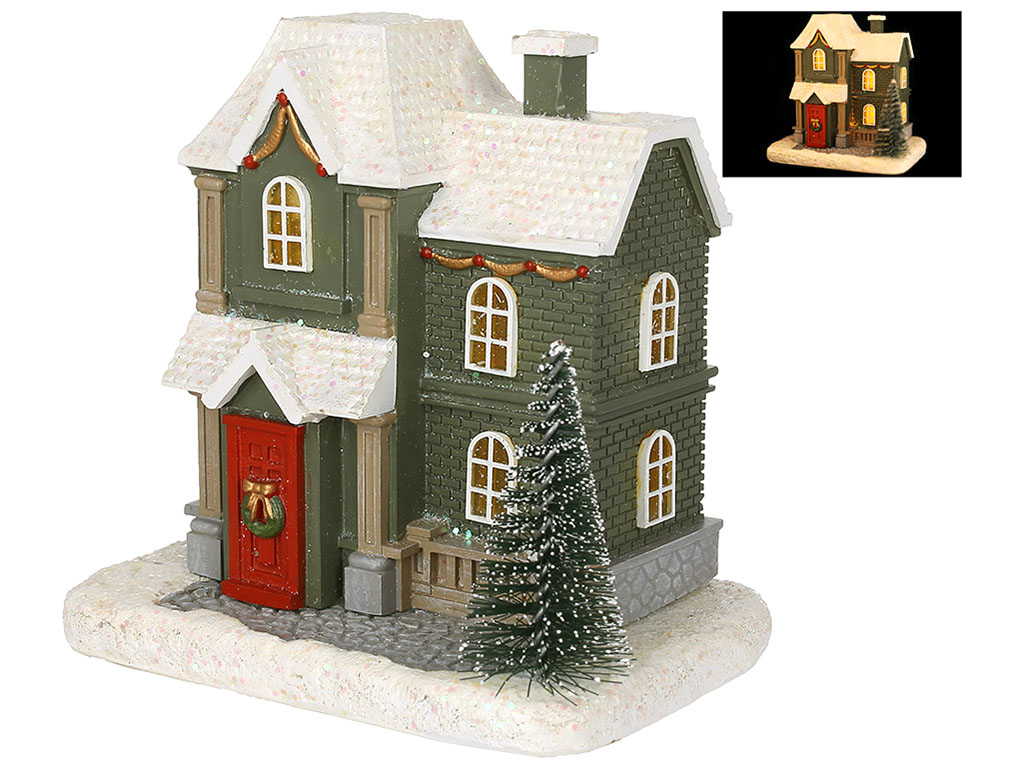 Новогодний декор Домик с LED подсветкой, 11,5x8x11см, цвет - зеленый с глиттером