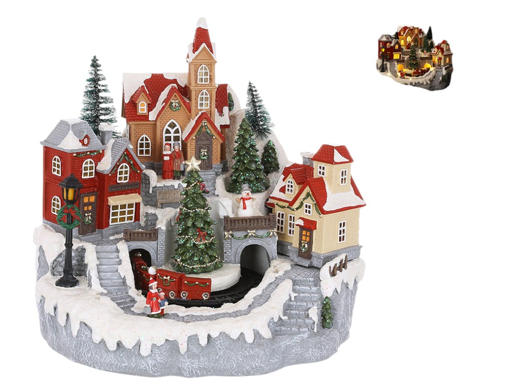 Фигура декоративная Зимний город с LED, вращающимся поездом и музыкой Jingle Bells, 26,5×27,5×26см