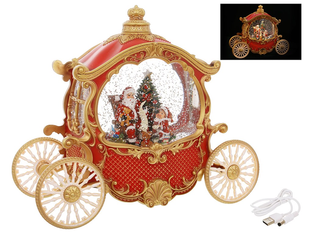 Фигура водяная музыкальная Карета с LED-подсветкой, Jingle Bells, USB питание, 21,5см, цвет красный