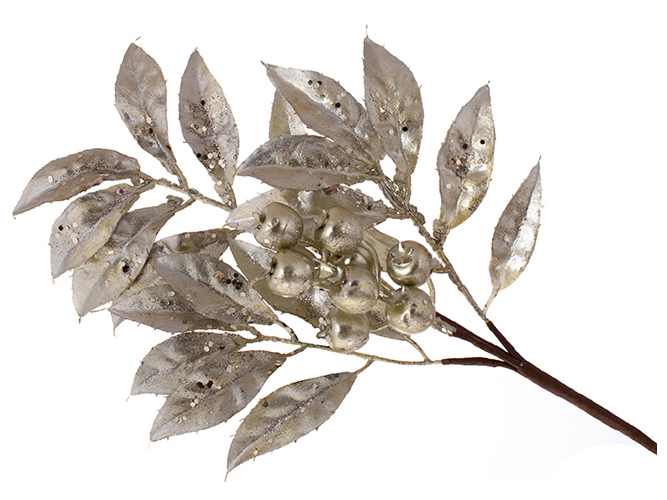 Декоративная ветка с листьями и ягодами 50см, цвет - шампань