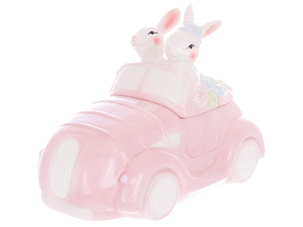 Банка для печива керамічна Зайчики в машині, 1,7л, колір рожевий