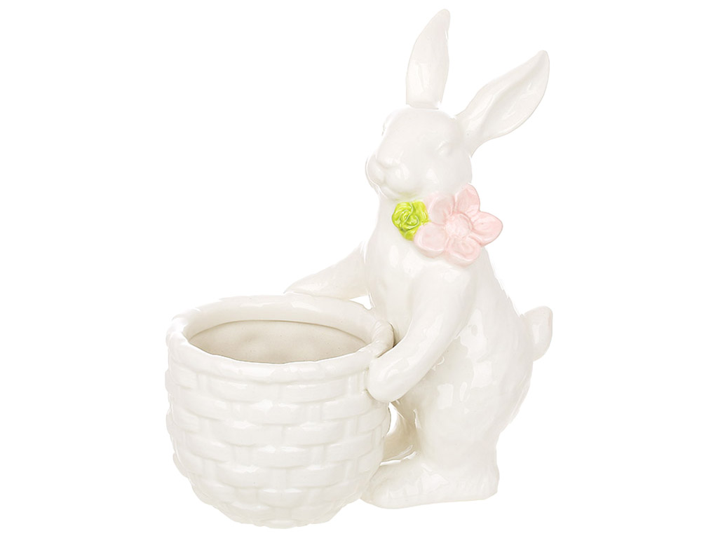 Декоративное керамическое кашпо Зайка с корзиной, 16x9,5x19см