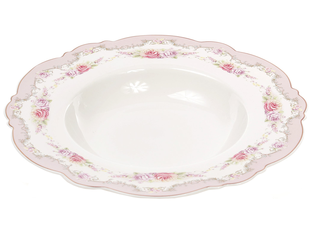 Тарелка суповая, с золотой каймой, цвет - розовый, 23,2см 