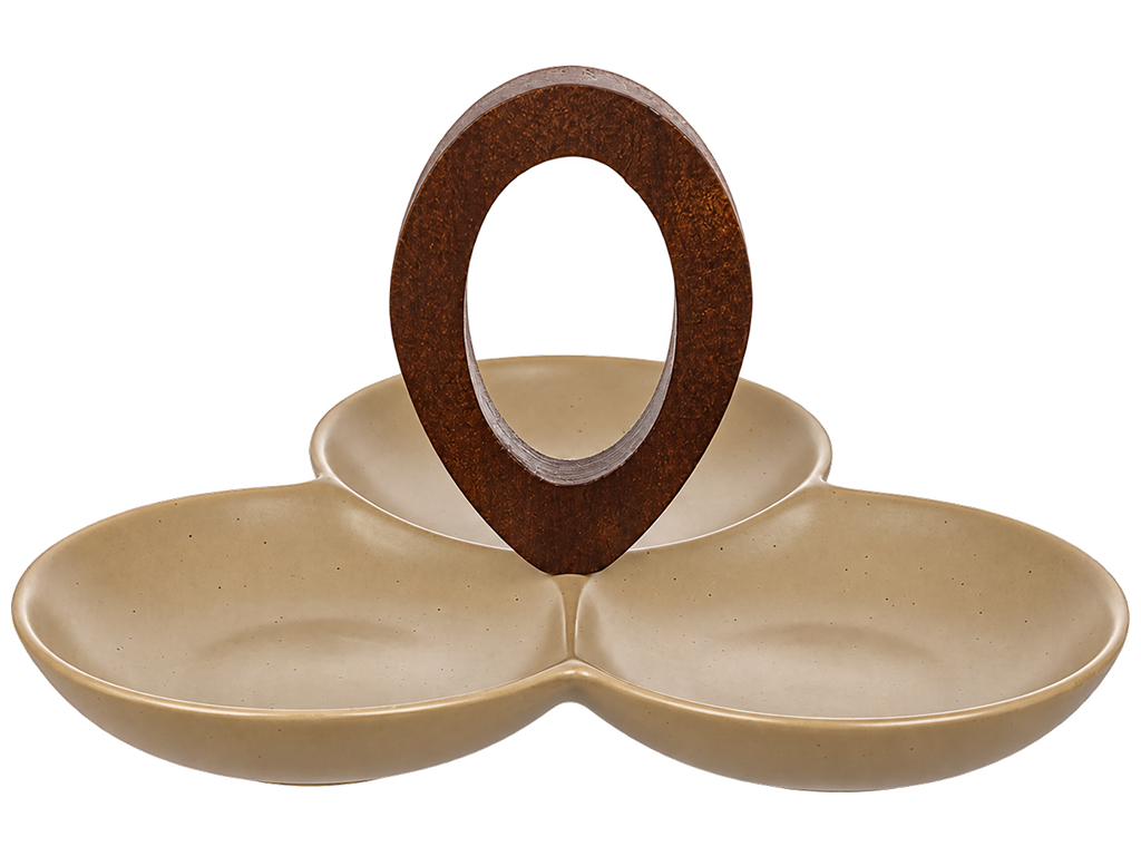 Менажница Natural Serving Grey фарфоровая на 3 секции с деревянной ручкой, 24×23×13 см
