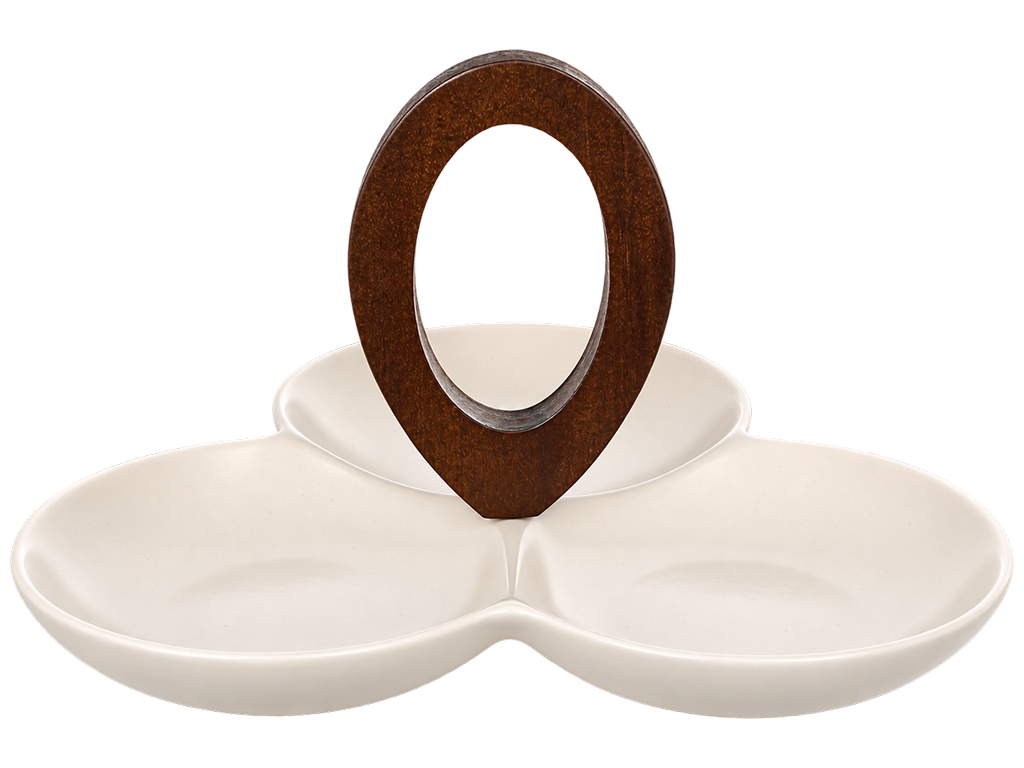 Менажница Natural Serving Cream фарфоровая с деревянной ручкой, 3 секции, 24×23×13 см