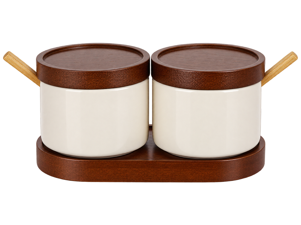 Набор емкостей Natural Serving Cream с деревянными крышками и подставкой, 160 мл, 2 шт