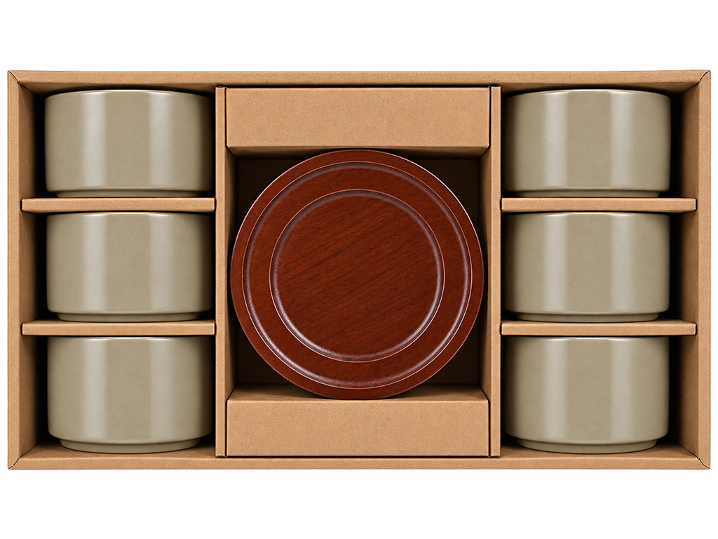 Набор чашек Natural Serving Grey с деревянными блюдцами, фарфор, 200 мл, 6 шт (цена за набор)