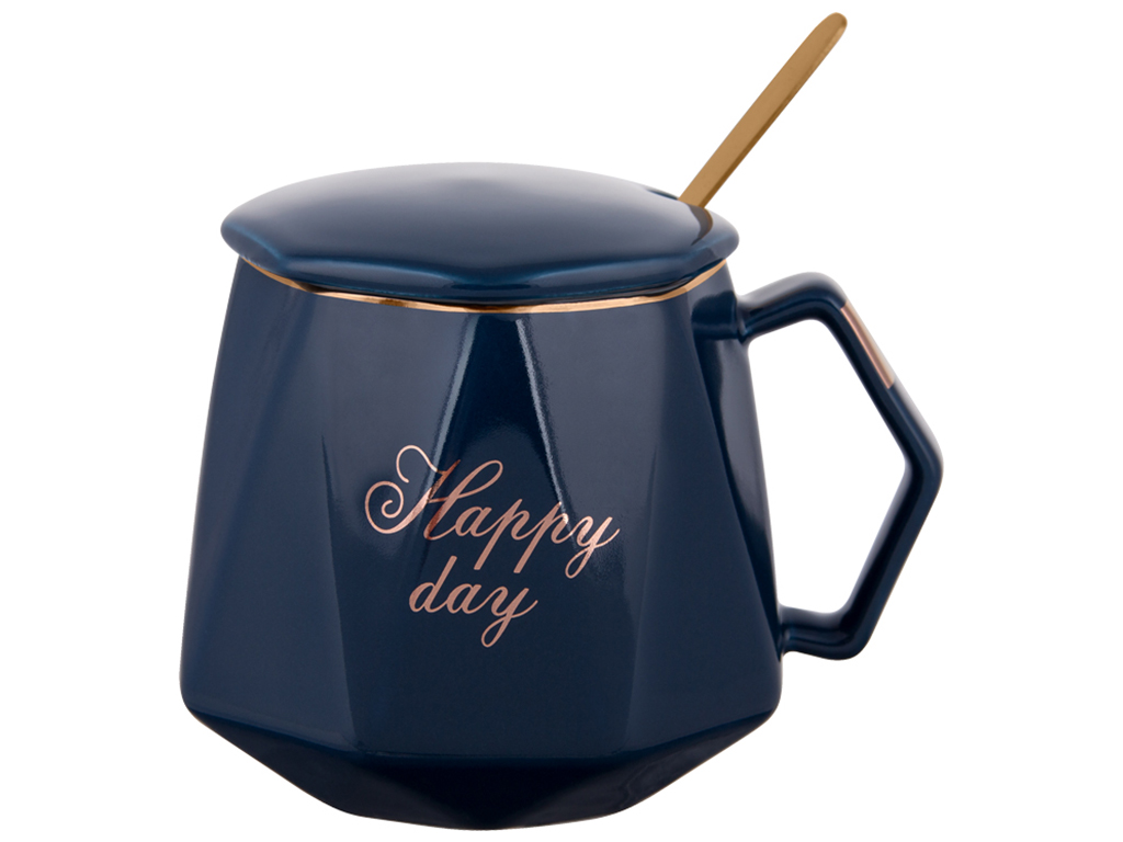 Чашка Happy day, з кришкою і золотою ложкою, 420мл, колір - нічний синій із золотим написом