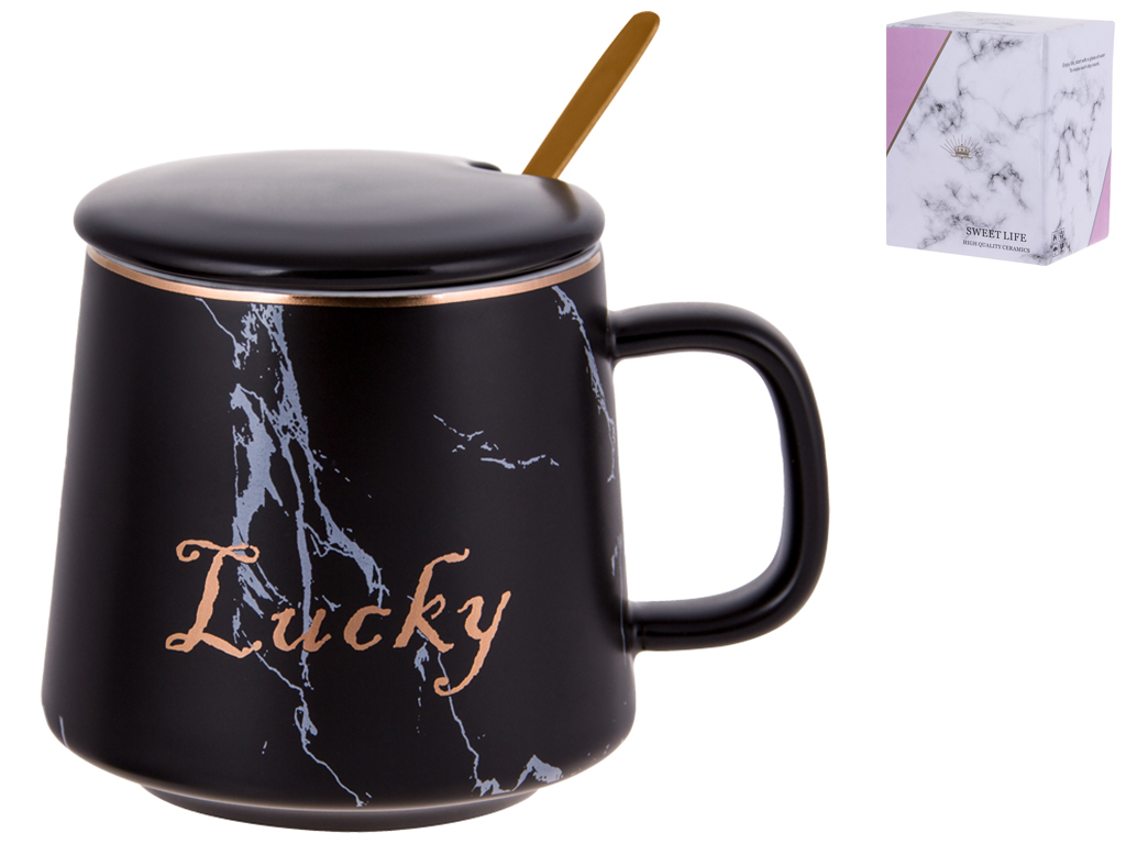 Чашка Lucky, з кришкою та ложкою, 400мл, колір - чорний мармур із золотим написом