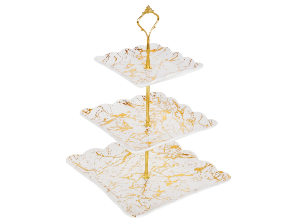 Этажерка трехъярусная Мраморная Роскошь, квадратная , фарфор, 26х26х37см, цвет белый с золотом