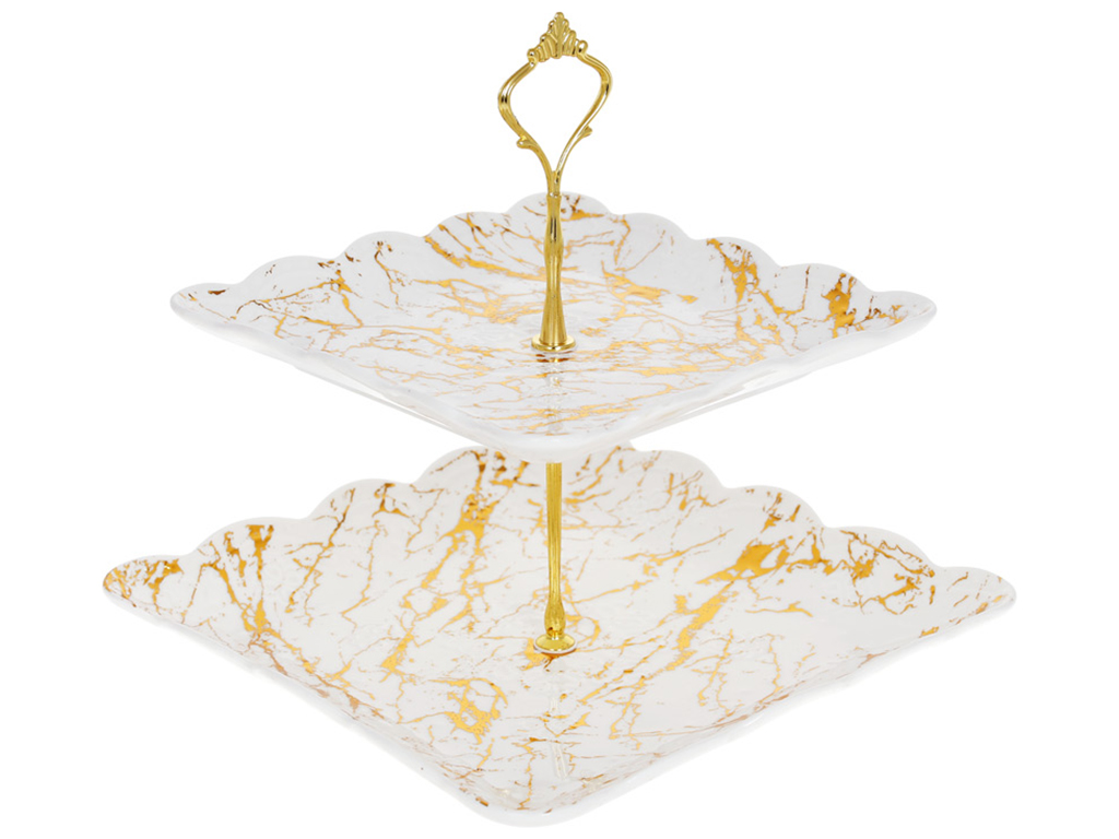 Фруктовница двухъярусная Мраморная Роскошь, 26см, цвет - белый с золотом