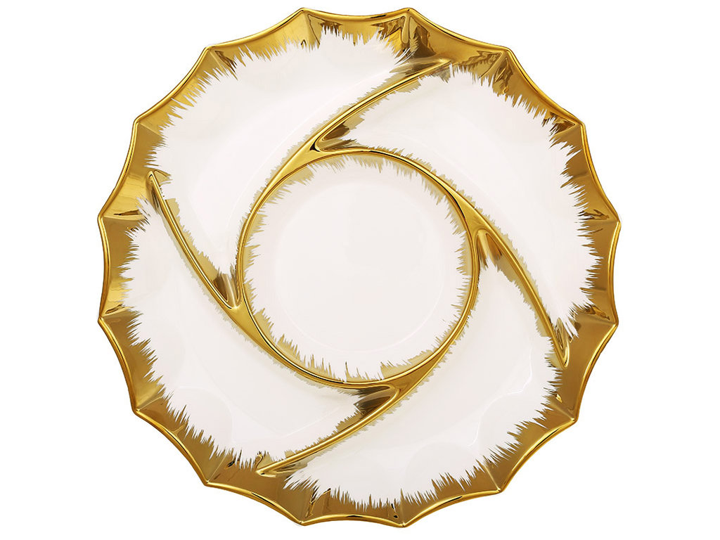 Менажница фарфоровая круглая для подачи закусок, с золотой каймой, D30,8×4см