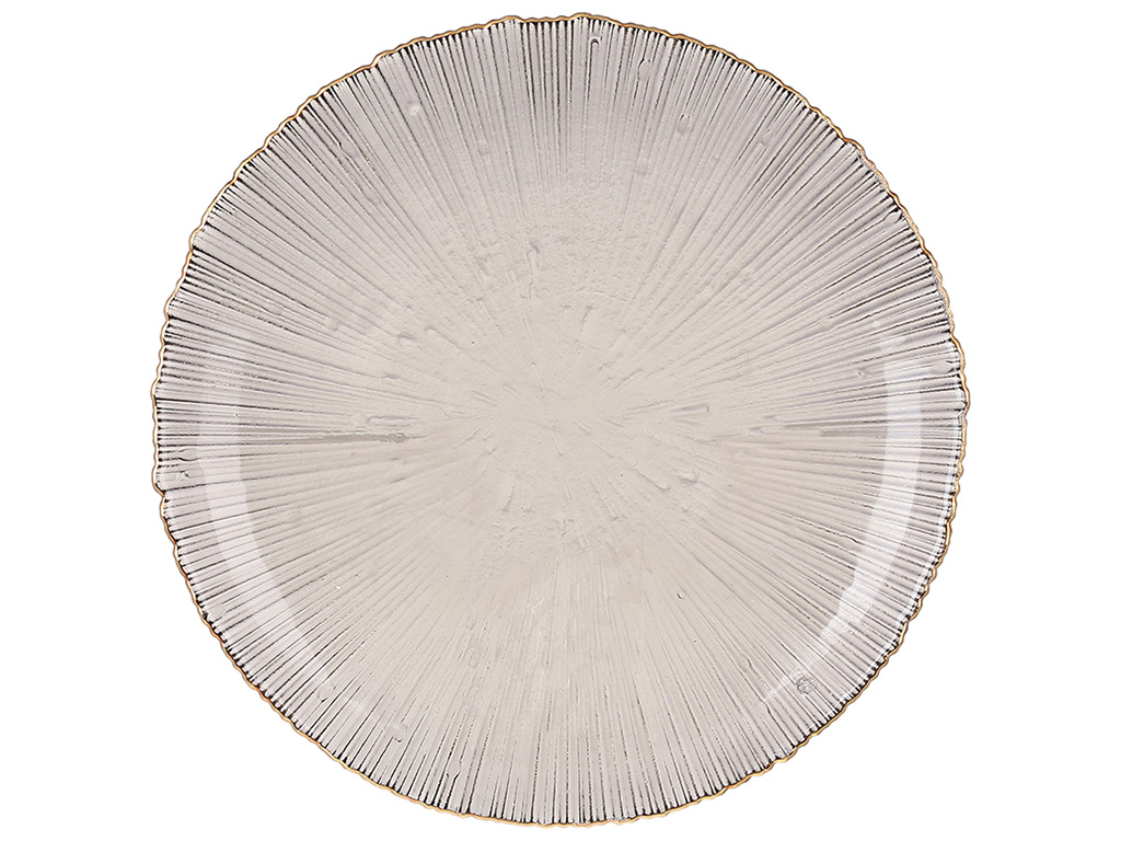 Тарелка стеклянная, D21см, цвет - дымчатый серый с золотым ободком