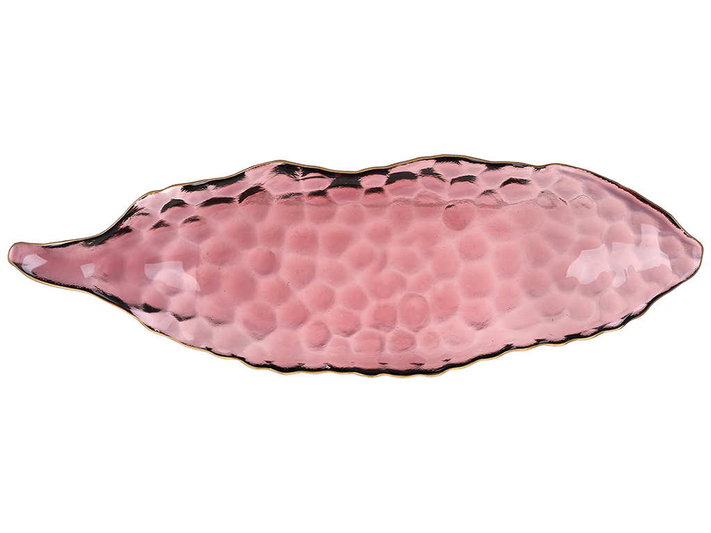 Блюдо скляне у формі листа Bauble пурпурний із золотим обідком, 38,5x12x5см