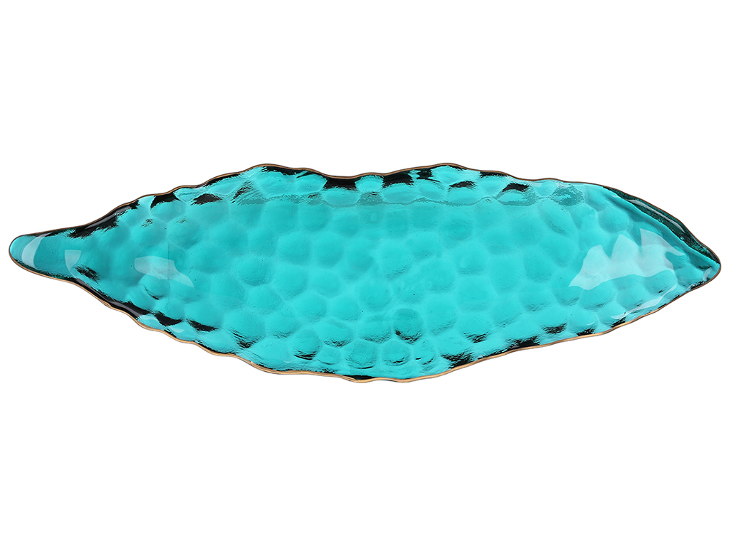Блюдо в форме листа Bauble, бирюзово - зеленый с золотым ободком, 38х11,5х5см