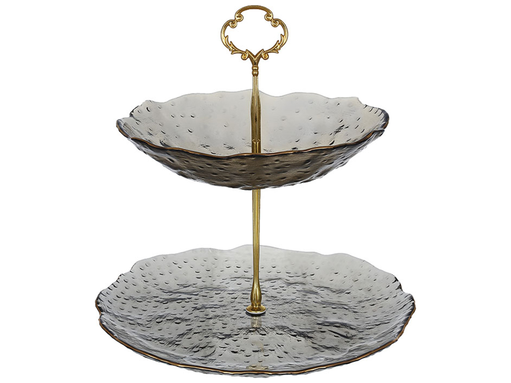 Фруктовница двухъярусная, цвет - дымчато-серый с золотым ободком, 24,5см
