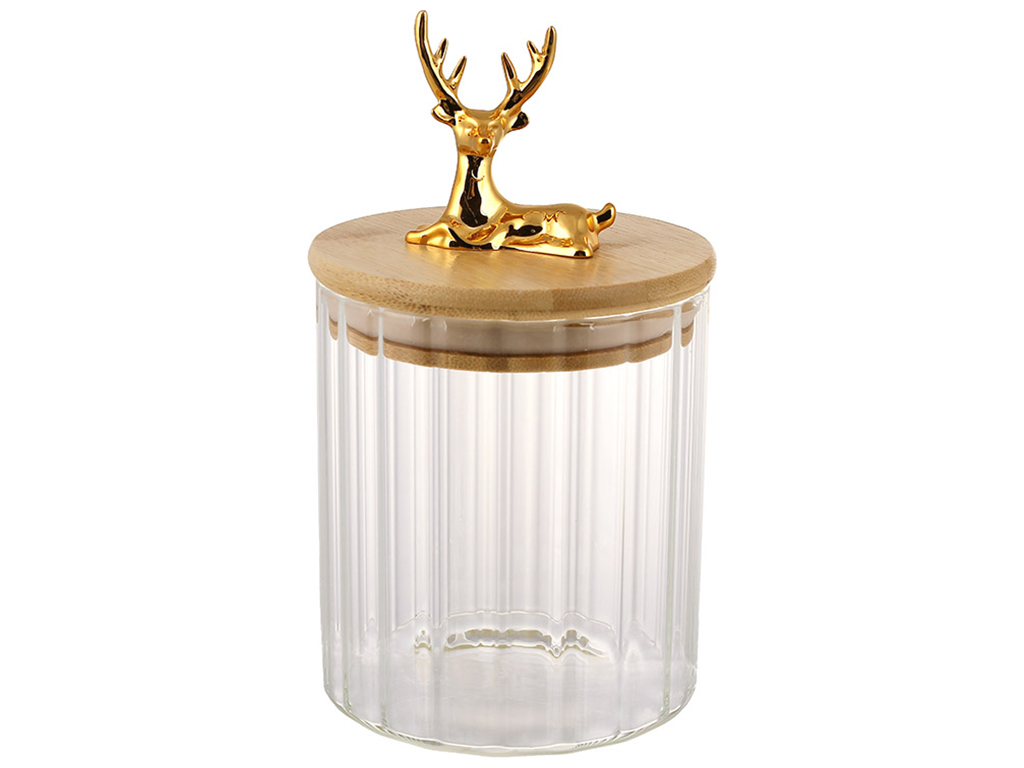 Банка для хранения с золотым Оленем на бамбуковой крышке, 550мл