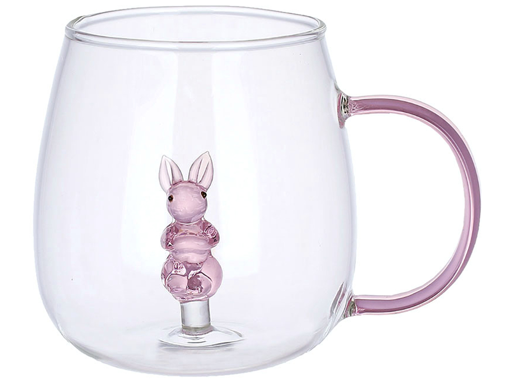 Чашка стеклянная с фигурой Зайчик внутри, 450мл, цвет - прозрачный с розовым