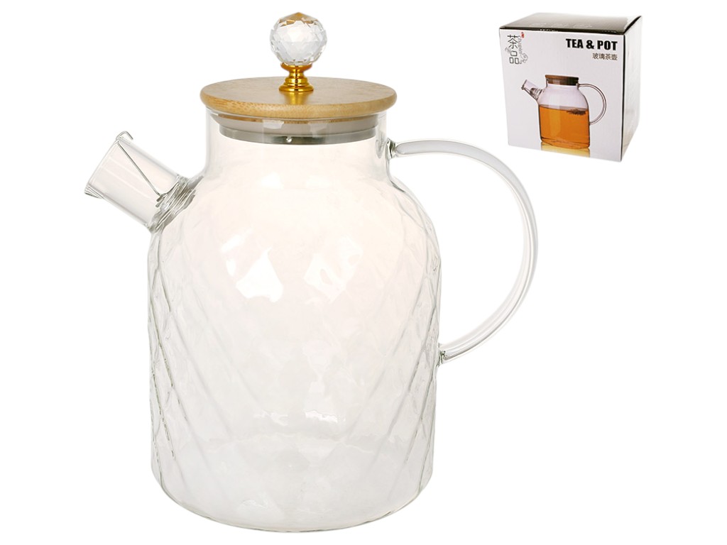 Чайник заварочный с бамбуковой крышкой, стекло, 1,6л, 13,1×11,9см, цвет прозрачный