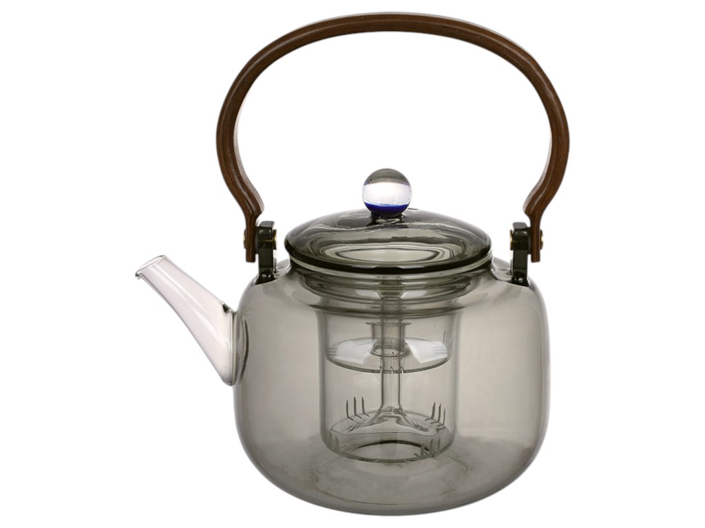 Чайник заварочный с фильтром и деревянной ручкой, боросиликатное стекло, 1,2л, цвет дымный серый