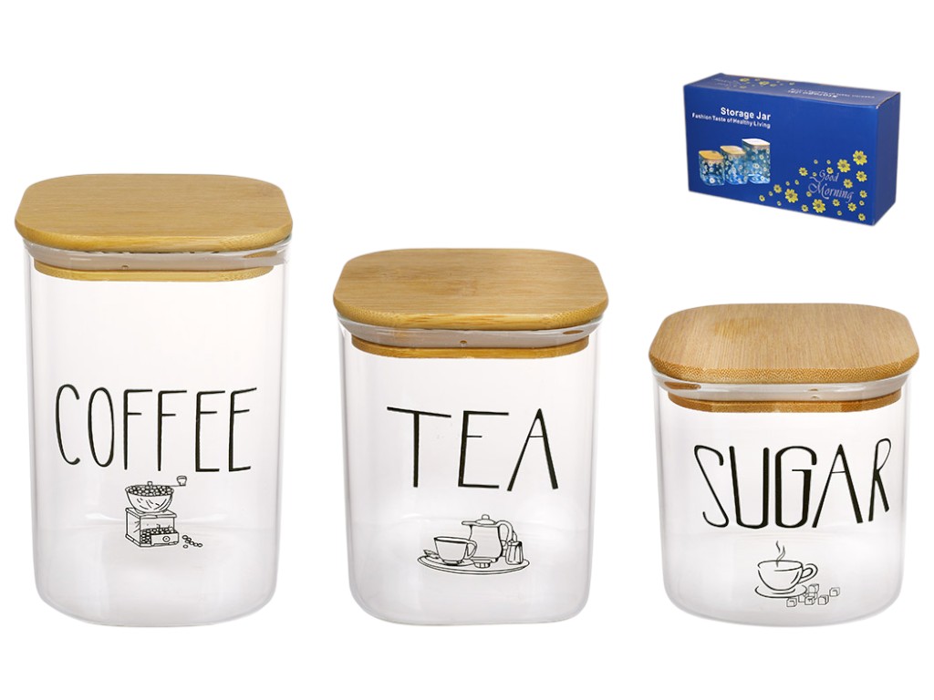 Набор банок для хранения Tea Sugar Coffee, стекло, бамбук, 700мл, 900мл, 1200мл, цвет прозрачный