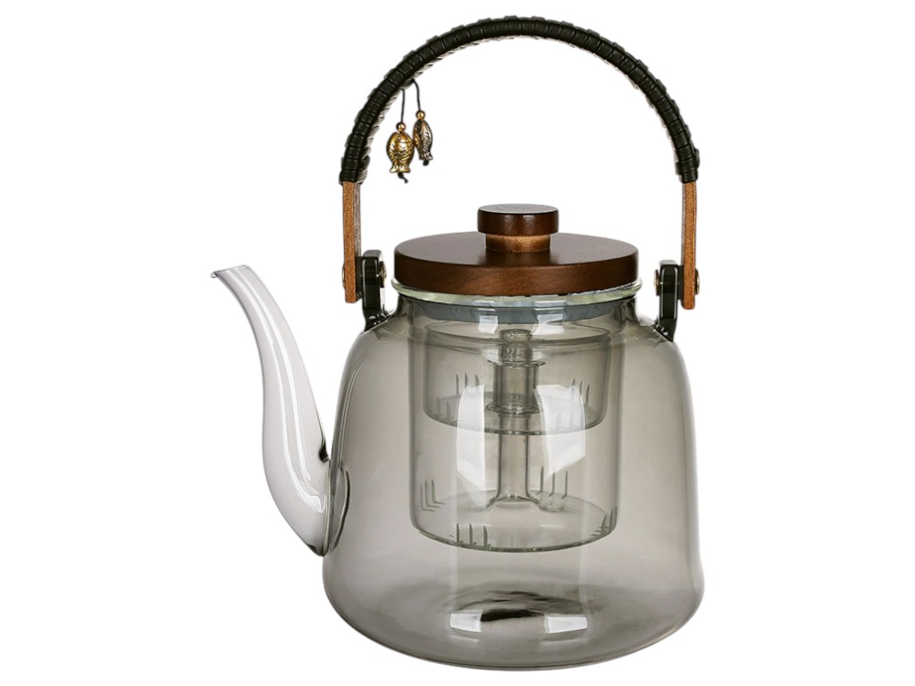 Чайник заварювальний з дерев'яною кришкою, боросилікатне скло, 1,2л, колір димчасто-сірий