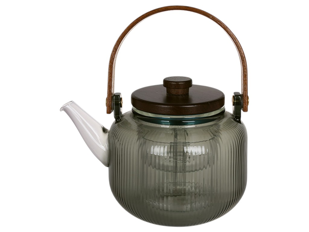 Чайник заварочный с деревянной крышкой и ручкой, боросиликатное стекло, 800мл, цвет дымный серый