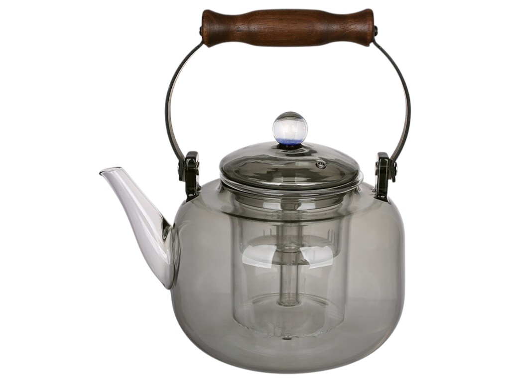 Чайник заварочный с фильтром и деревянной ручкой, боросиликатное стекло, 1л, цвет дымный серый