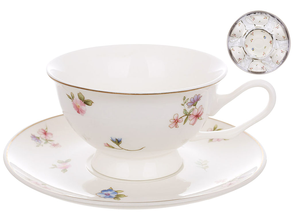 Чайный фарфоровый набор Лаура: 6 чашек - 180мл, 6 блюдец, цвет - белый с золотой каймой