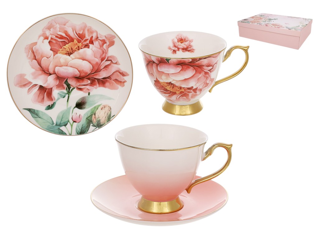 Набор чайный Pink Peony, 6 чашек+6 блюдец, фарфор, 14см, 200мл, цвет розовый (цена за 12пред)